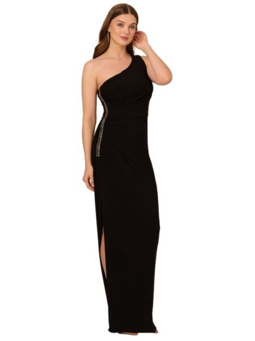 Adrianna Papell Black One Shoulder Side Embellished Jersey Gown